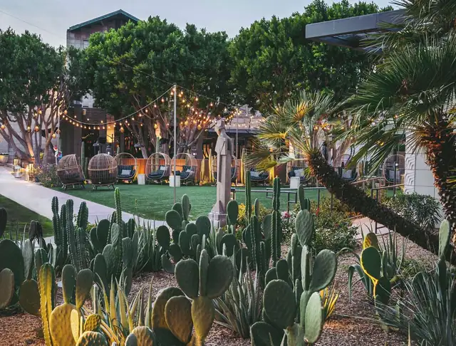 Arizona Biltmore à Phoenix, jardin de cactus, lumières et sièges en plein air