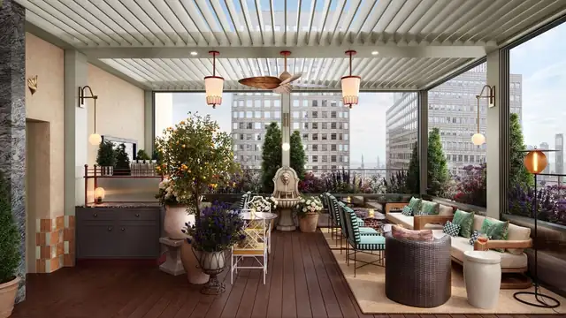 Conrad Downtown à New York, terrasse avec platelage en bois et coin salon