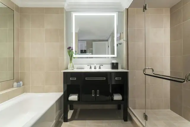 The Ritz-Carlton à Philadelphie, salle de bains moderne avec baignoire et coiffeuse